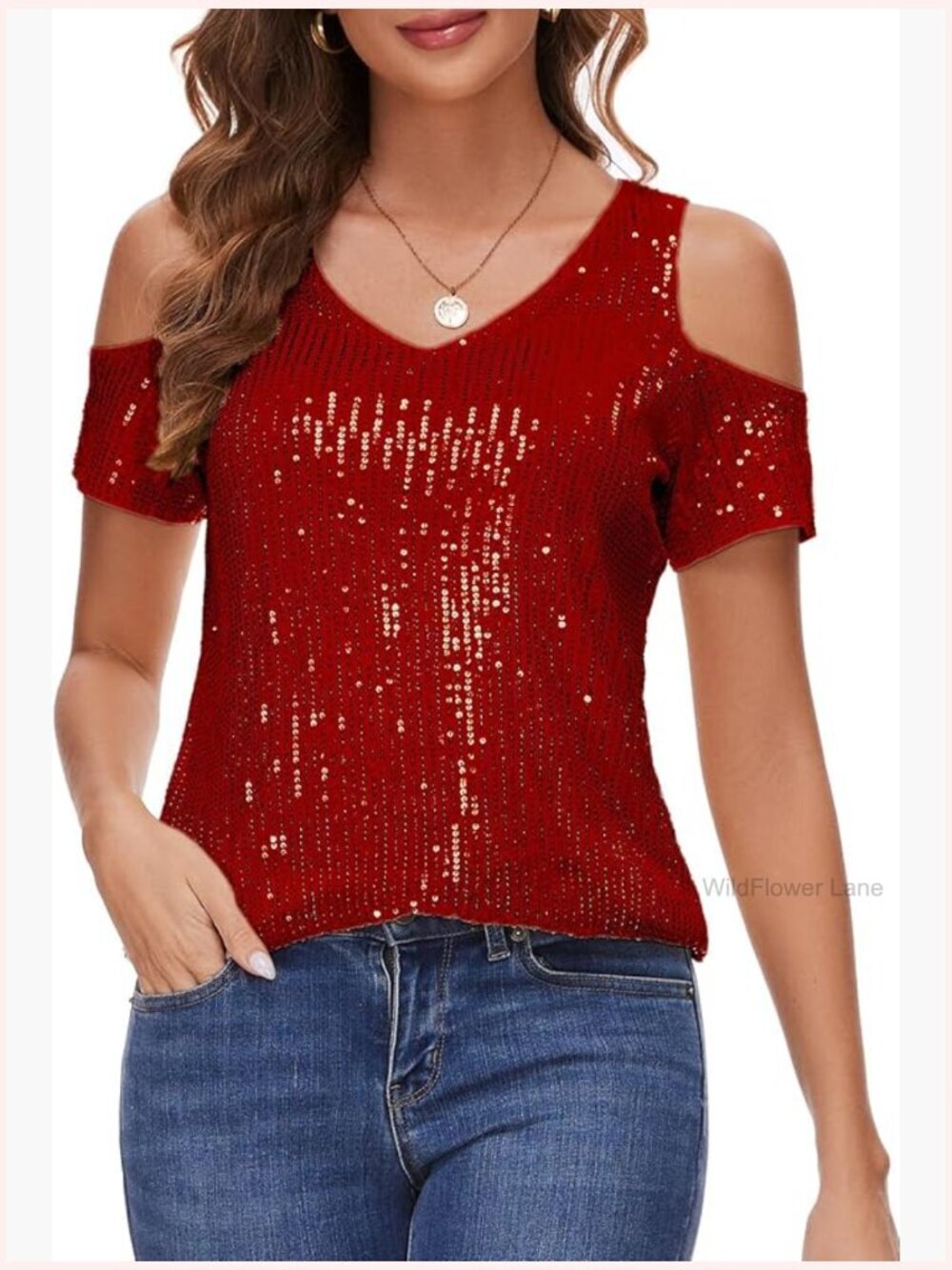 Sparkly Sequin V-Neck Cold Shoulder Short Sleeve Party Blouse Top